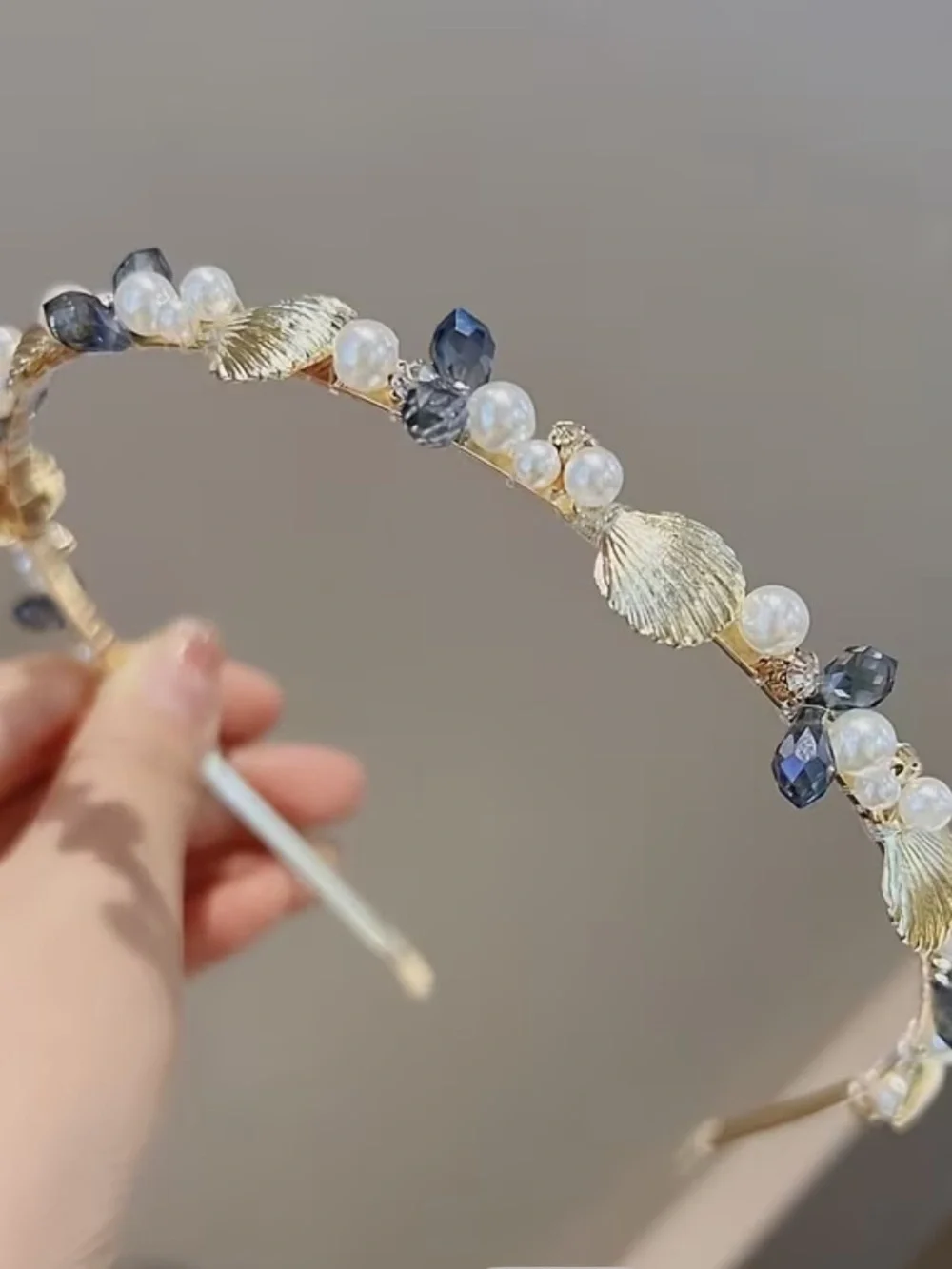 Gold Shell & Pearl Headband with Blue Crystal Accents